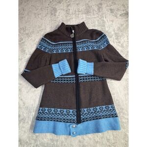 Neve Designs Womens 100% Wool Full Zip Nordic Fair Isle Sweater Brown Blue Small